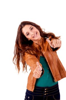 Beautiful young woman doing thumbs up on white background