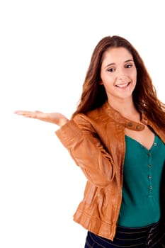Smiling young woman showing something over white background