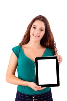 Young beautiful woman with tablet PC on white background