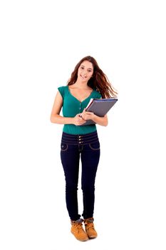 University girl holding books and smiling over white background