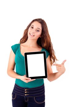 Young beautiful woman with tablet PC on white background