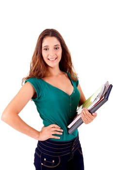 University girl holding books and smiling over white background