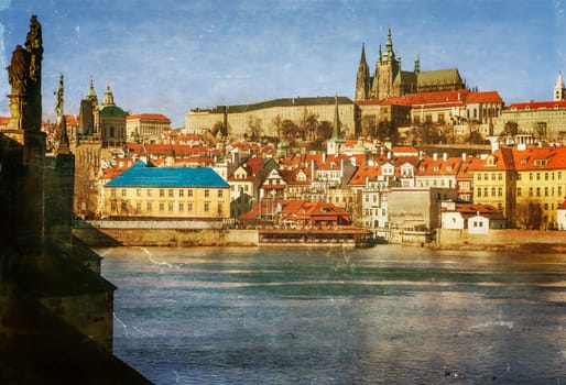  Prague, Charles Bridge, capital city of Czech Republic, textured old paper