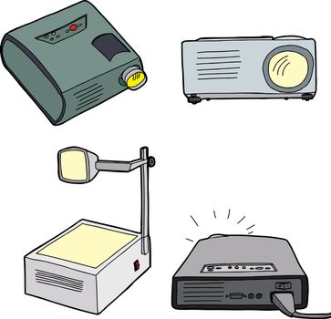 Various overhead and digital projectors over white background