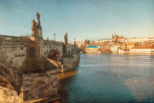  Prague, Charles Bridge, capital city of Czech Republic, textured old paper