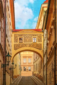 Street of Prague, Czech Republic. Photo in old color image style.