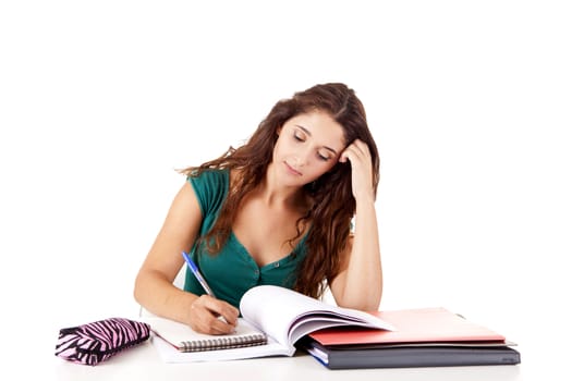 Portrait of a young happy student on white background