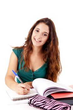 Portrait of a young happy student on white background
