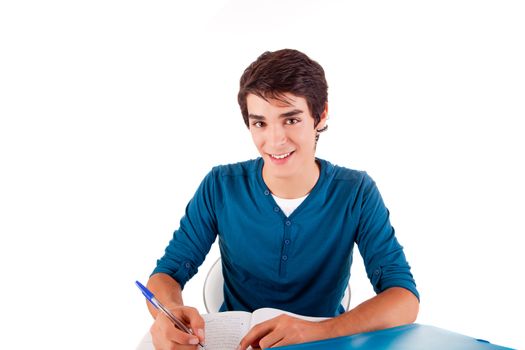 Young happy student carrying books on white backgound