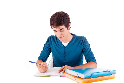 Young happy student carrying books on white backgound