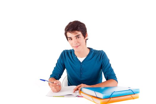 Young happy student carrying books on white backgound