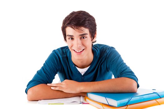 Young happy student carrying books on white backgound