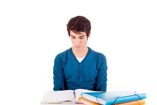 Young happy student carrying books on white backgound