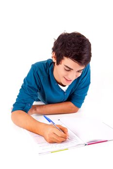 Young happy student carrying books on white backgound