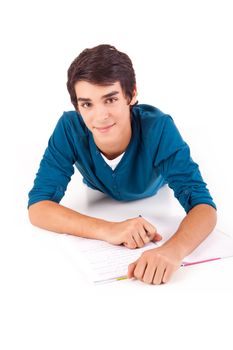 Young happy student carrying books on white backgound