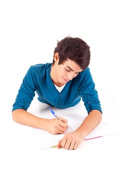 Young happy student carrying books on white backgound