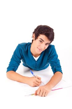 Young happy student carrying books on white backgound