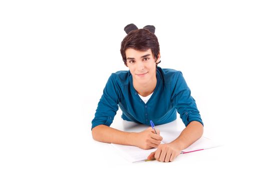 Young happy student carrying books on white backgound