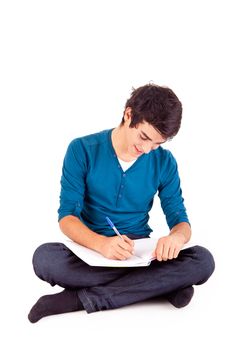 Young happy student carrying books on white backgound