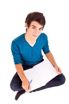 Young happy student carrying books on white backgound