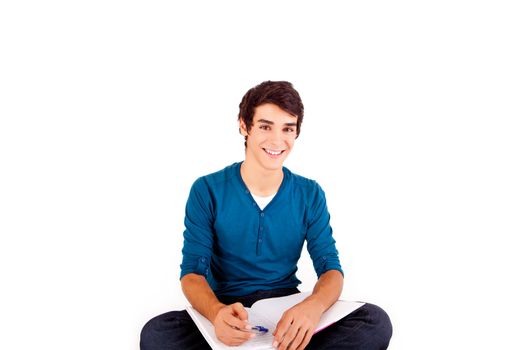 Young happy student carrying books on white backgound