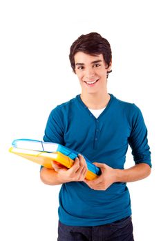 Young happy student carrying books on white backgound