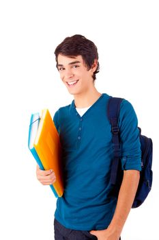 Young happy student carrying books on white backgound