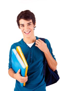 Young happy student carrying books on white backgound