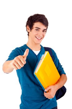 Young happy student showing thumbs up over white background