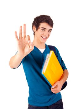 Young happy student showing Ok sign on white background