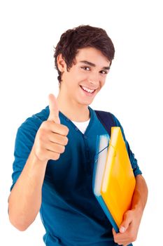 Young happy student showing thumbs up over white background