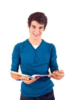 Young happy student carrying books on white backgound