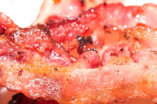 Canadian smoked bacon cooked closeup shot