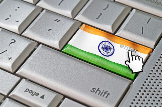 Business concept mouse cursor pressing India enter key on metallic keyboard