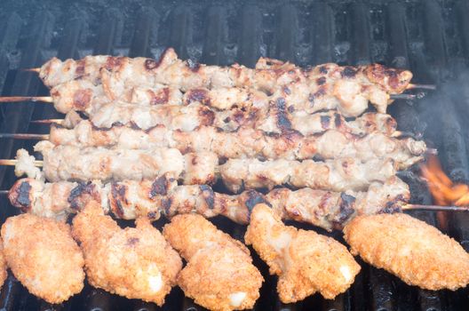 Porc skewers and chicken wings on grill