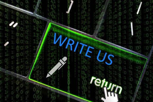 Write Us concept with the focus on the return button overlaid with binary code