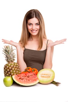 Woman with vegetables and fruits over white background