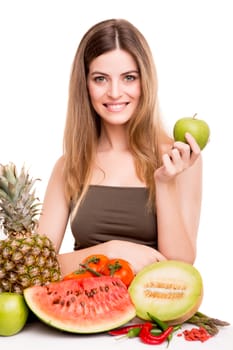 Woman with vegetables and fruits over white background
