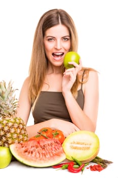 Woman with vegetables and fruits over white background