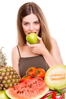 Woman with vegetables and fruits over white background