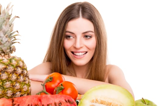 Woman with vegetables and fruits over white background