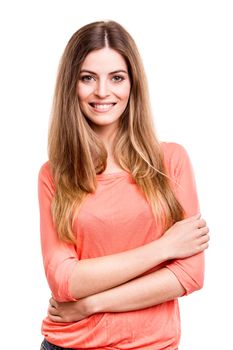 Beautiful blond woman posing over white background