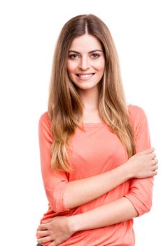 Beautiful blond woman posing over white background