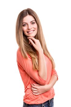 Beautiful blond woman posing over white background