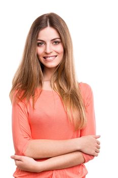 Beautiful blond woman posing over white background