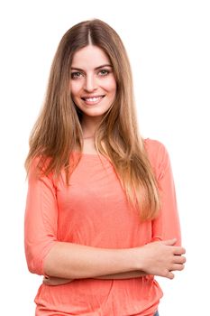 Beautiful blond woman posing over white background