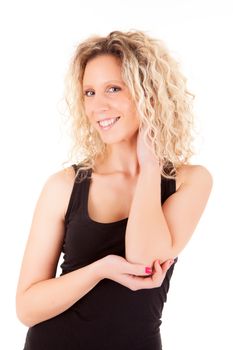 Beautiful blonde woman posing over white background