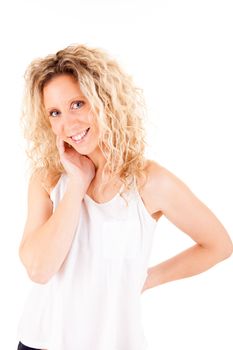 Beautiful blonde woman posing over white background