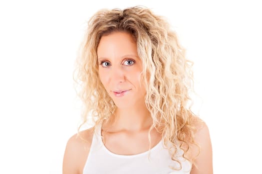 Beautiful blonde woman posing over white background