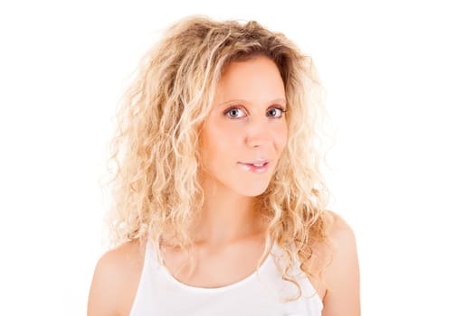 Beautiful blonde woman posing over white background